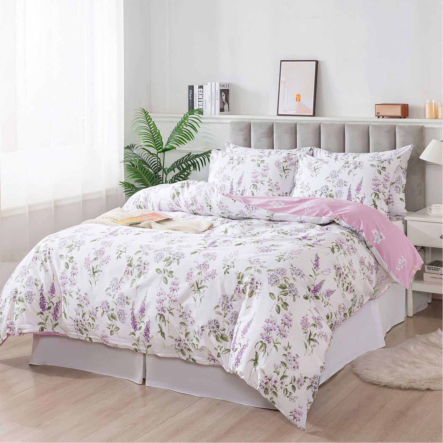 FADFAY Purple White Floral Duvet Cover Sets King/Cal King 100% Cotton Lilac Lavender Reversible Comforter Cover French Country Bedding All Season Soft Crisp Green Leaves Bed Cover with Zipper 3Pcs