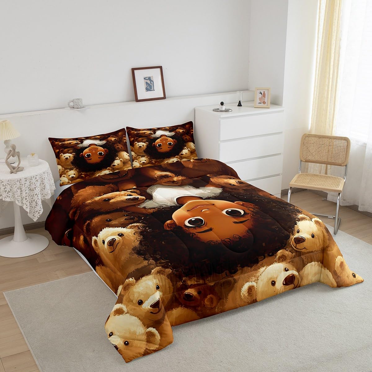 jejeloiu Kids Cute Black Girl Comforter Set Queen Size African American Girl Bedding Set for Boys Girls Bear Duvet Set Quilt Set,1 Comforter+ 2 Pillow Shams（No Glitter）
