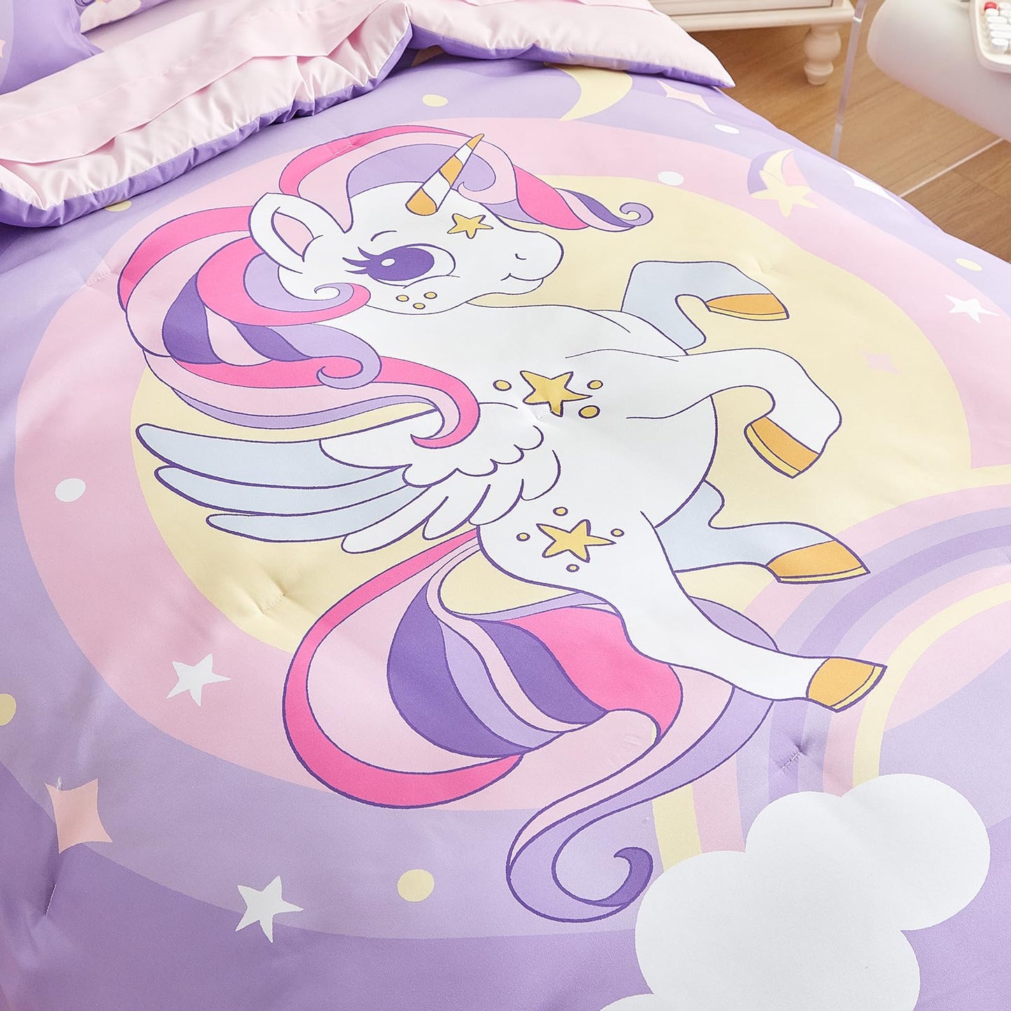 Girls Bed in a Bag Full Size Purple Unicorn Comforter Set with Rainbow Star - Soft Microfiber 7 Pcs Bedding Set (1 Comforter 2 Pillow Shams 1 Flat Sheet 1 Fitted Sheet 2 Pillowcases)