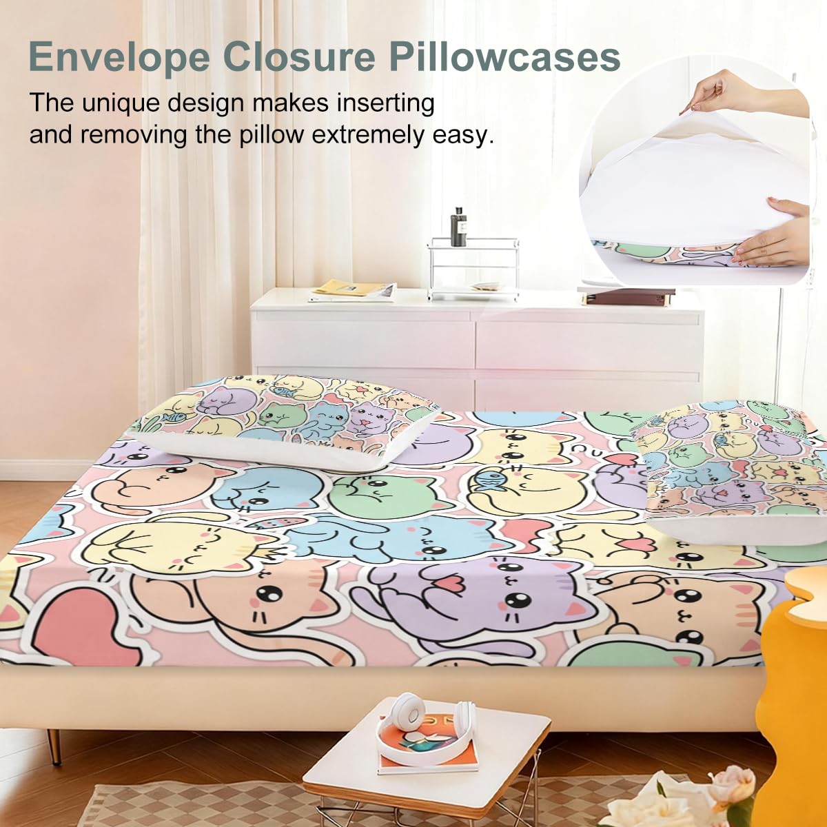 ARIGHTEX Cute Cat Fitted Sheet Set Twin Size, 3 Pieces Cozy Kawaii Bedding for Stress Relief Sleep, Pastel Cartoon Kitty Microfiber Deep Pocket Bed Sheets with 2 Pillowcases (No Flat Sheet)
