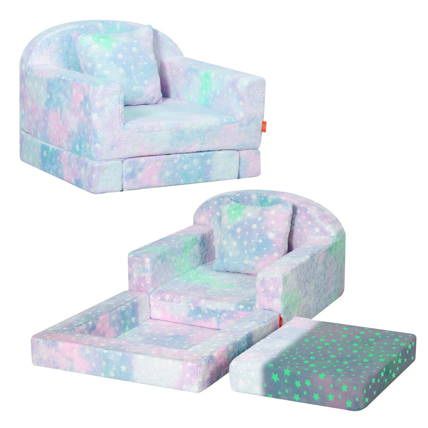 MeMoreCool Glowing Star Kids Chair, 2-in-1 Convertible Kids Couch Fold Out to Lounger, Glow-in-the-Dark Star Sofa for Boys Girls, Soft Foam Flip-Out Seat with Washable Cover