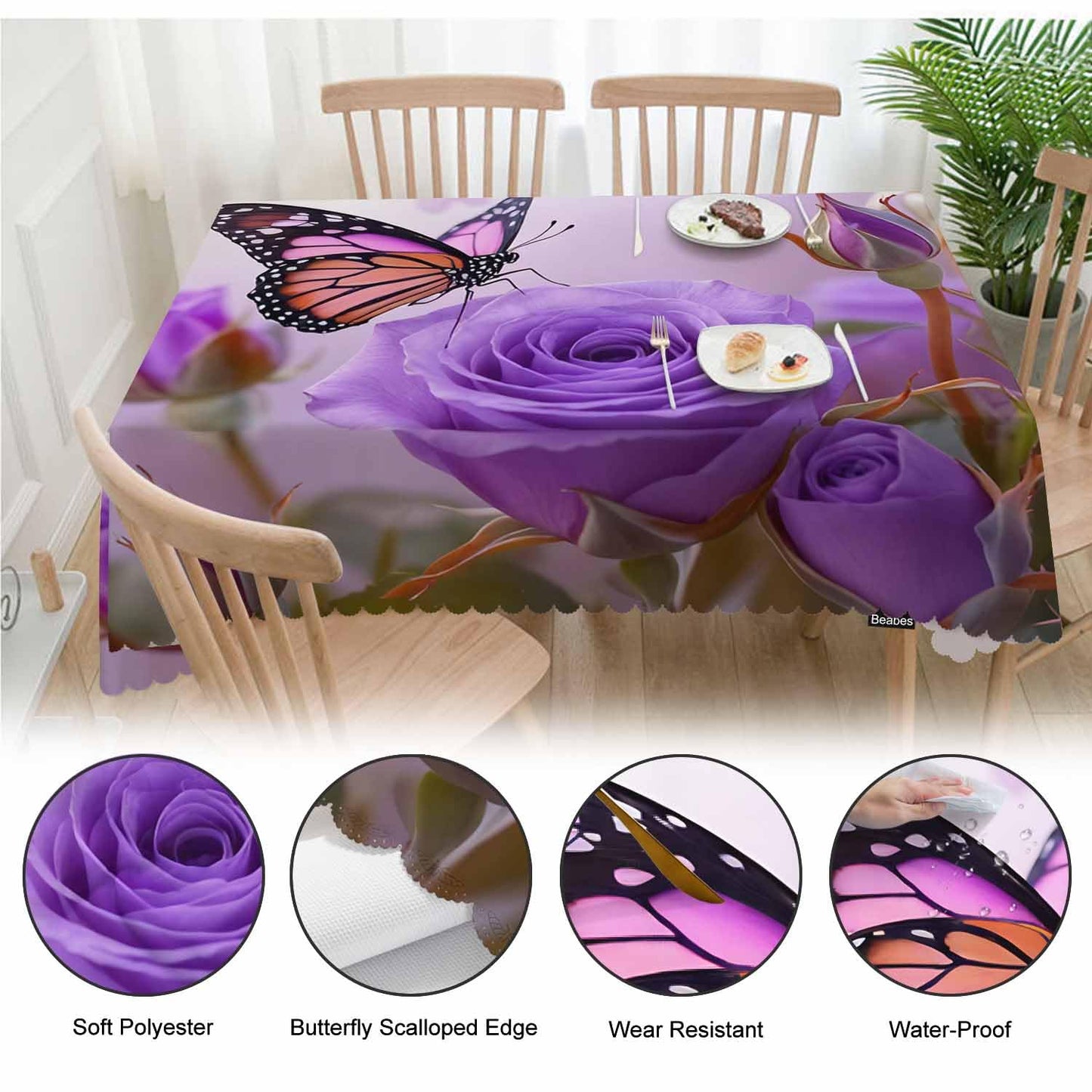 Beabes Tablecloth Butterfly 52 X 70 Inch, Roses Butterfly Purple Oblong Table Cloths Anti-Shrink Decorative Table Cover for Kitchen Dinning Tabletop Outdoor Picnic BBQ