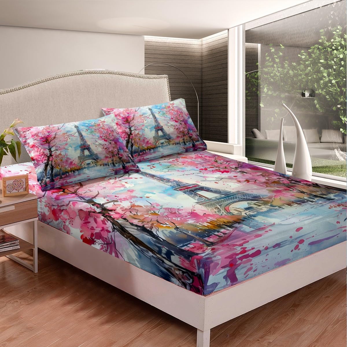 Paris Streets Fitted Sheet Full 3 Pcs,Modern Fashion Eiffel Tower Sheets Sets Breathable Bedding(No Top Sheet),Cherry Tree Ink Painting Bed Sheet with Deep Pocket,French Style Bed Cover