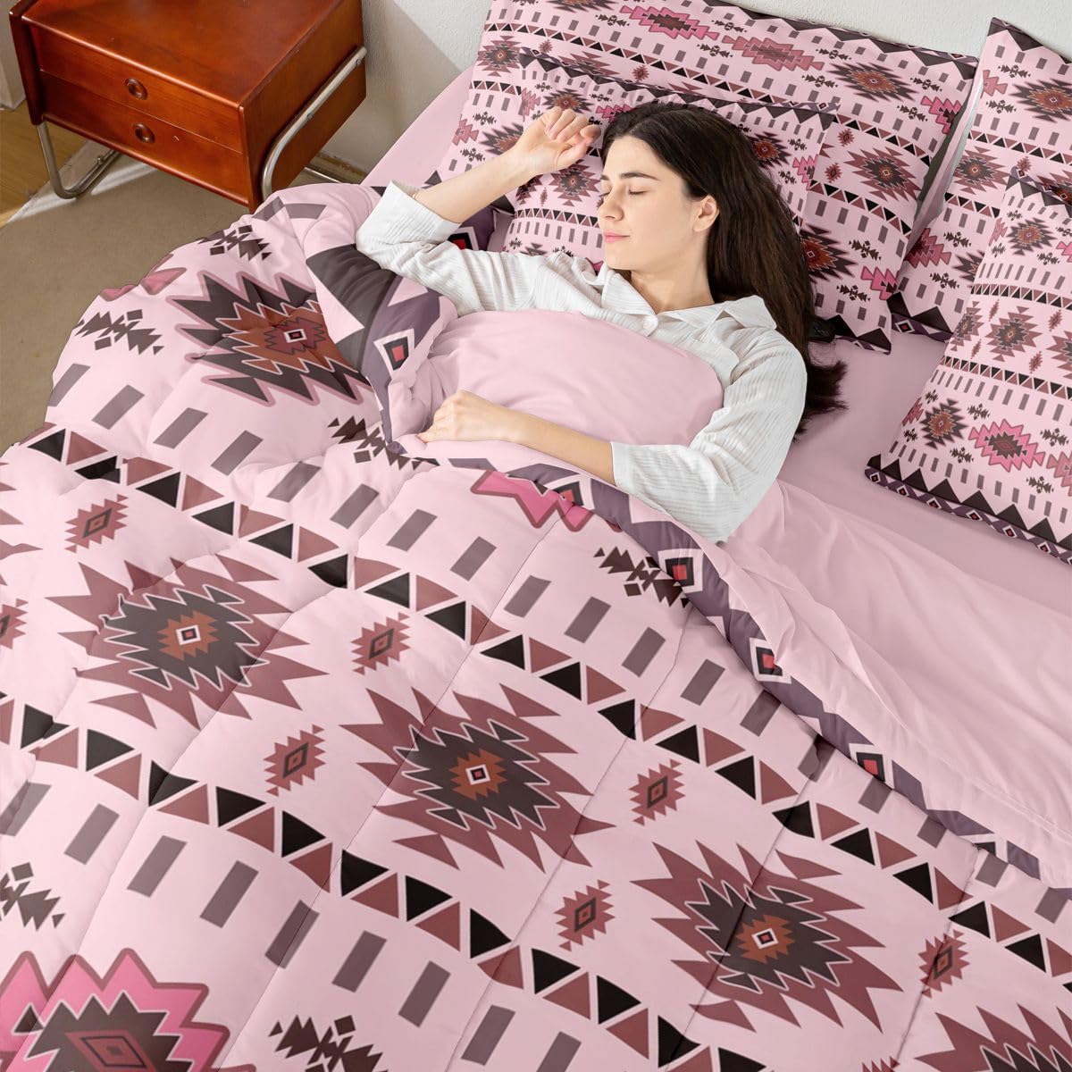 Erosebridal Rustic 7 Piece Bedding Set Queen Aztec Comforter Set with Sheets Tribal Native American Boho Western Bed in a Bag Mysterious Simple Geometric Pink for Teens Men Women
