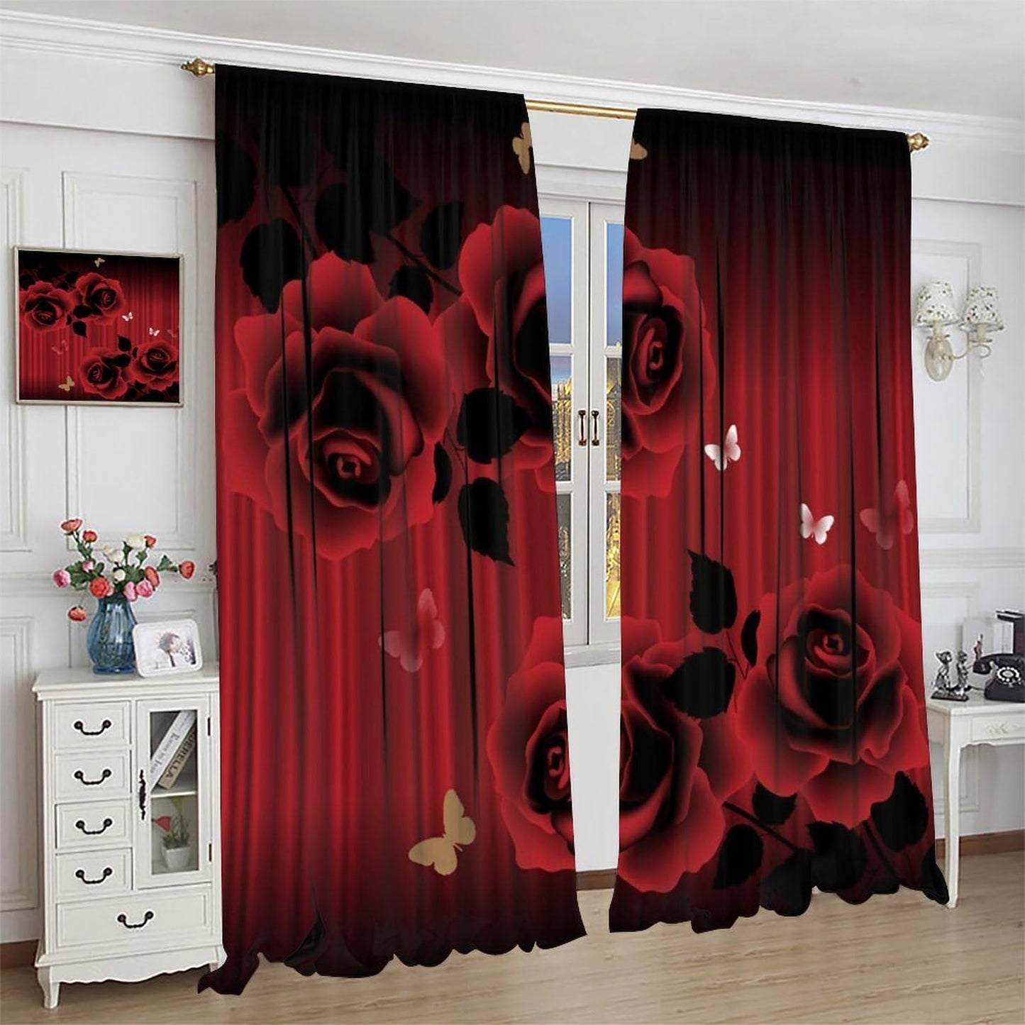 Nsbul Red Rose Curtains, Romantic Love Flower Floral Butterfly Luxury Design Window Drapes for Bedroom Living Room Valentine Day, 42" W X 45" L (No Blackout)