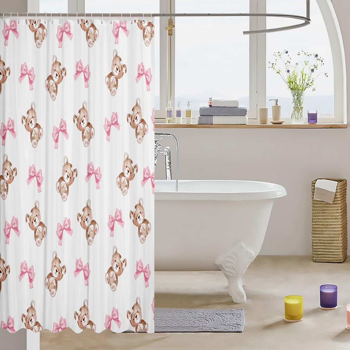 jejeloiu Girls Cartoon Bear Shower Curtain for Bathroom Decor 72"x72" Pink Bowknot Bath Curtain for Kids Women Dreamy Princess Bow Bathroom Accessories Cute Lovely Kawaii Animal