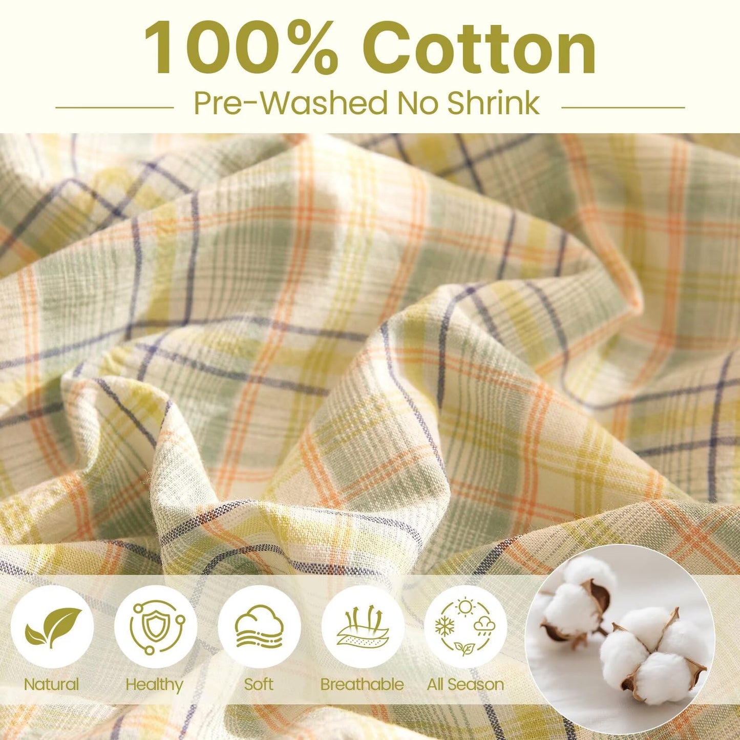 AMZTOP Queen Size Duvet Cover Set 100 Cotton,1 Duvet Cover and 2 Pillowcases,Green Plaid Comforter Covers Bed Set for All Season,Chic Simple Soft Breathable Queen Bedding 90"×90"