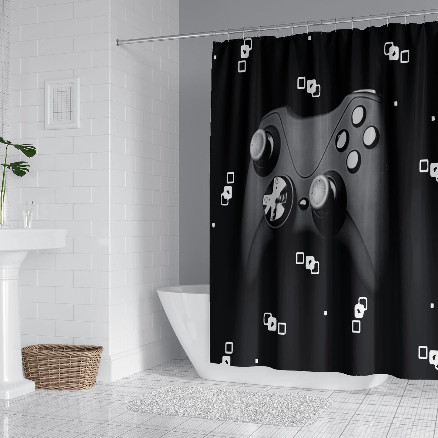 Botoutin Black Game Shower Curtain Kids Boys Gaming Bath Curtain with 12 Hooks Modern Gamer Bathroom Decor Teens Gamepad Shower Curtain Set,72"x72"