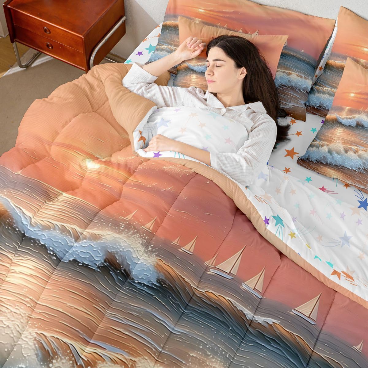 Erosebridal Ocean Sunset Sailboat Queen Bedding Set Pastel Coastal Comforter Set Kids Adults Wave Sand Tropical Summer 7-Piece Bed in a Bag Soft Watercolor Beach Nautical Quilt Sets
