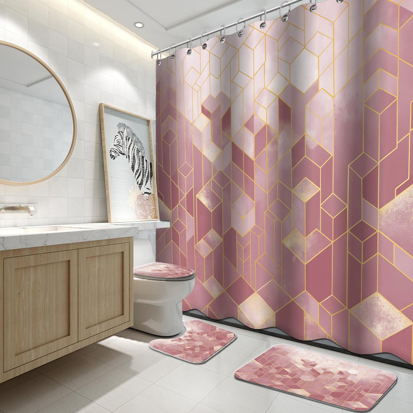 Lnond 4Pcs Bathroom Sets with Shower Curtain and Rugs, Pink Bathroom Shower Curtain Sets, Pink Gradient Modern Bathroom Sets with Rugs and Accessories