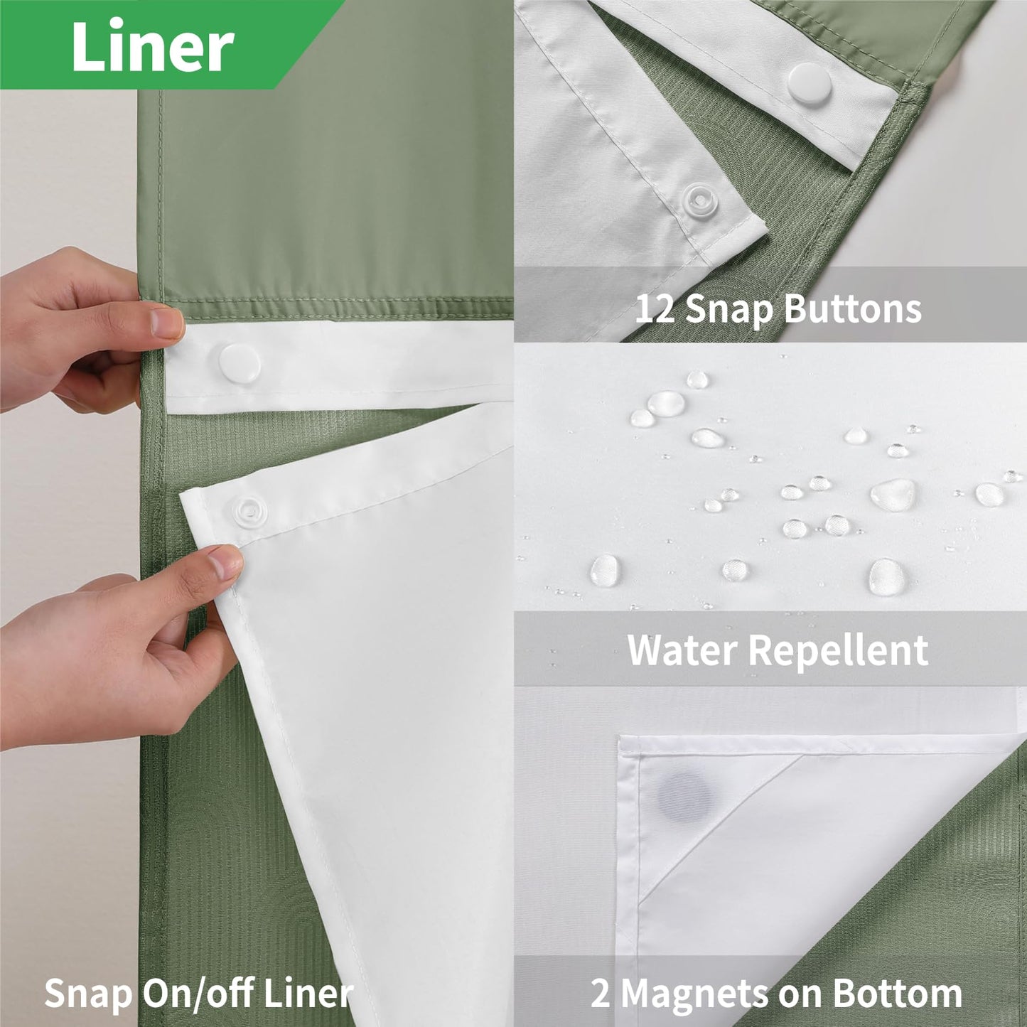 eachope Extra Long No Hook Shower Curtain with Snap-in Fabric Liner Set,Boho Arch Textured Fabric Fabric Shower Curtain for Bathroom with Sheer Window,Waterproof & Washable,71 x 86,Green