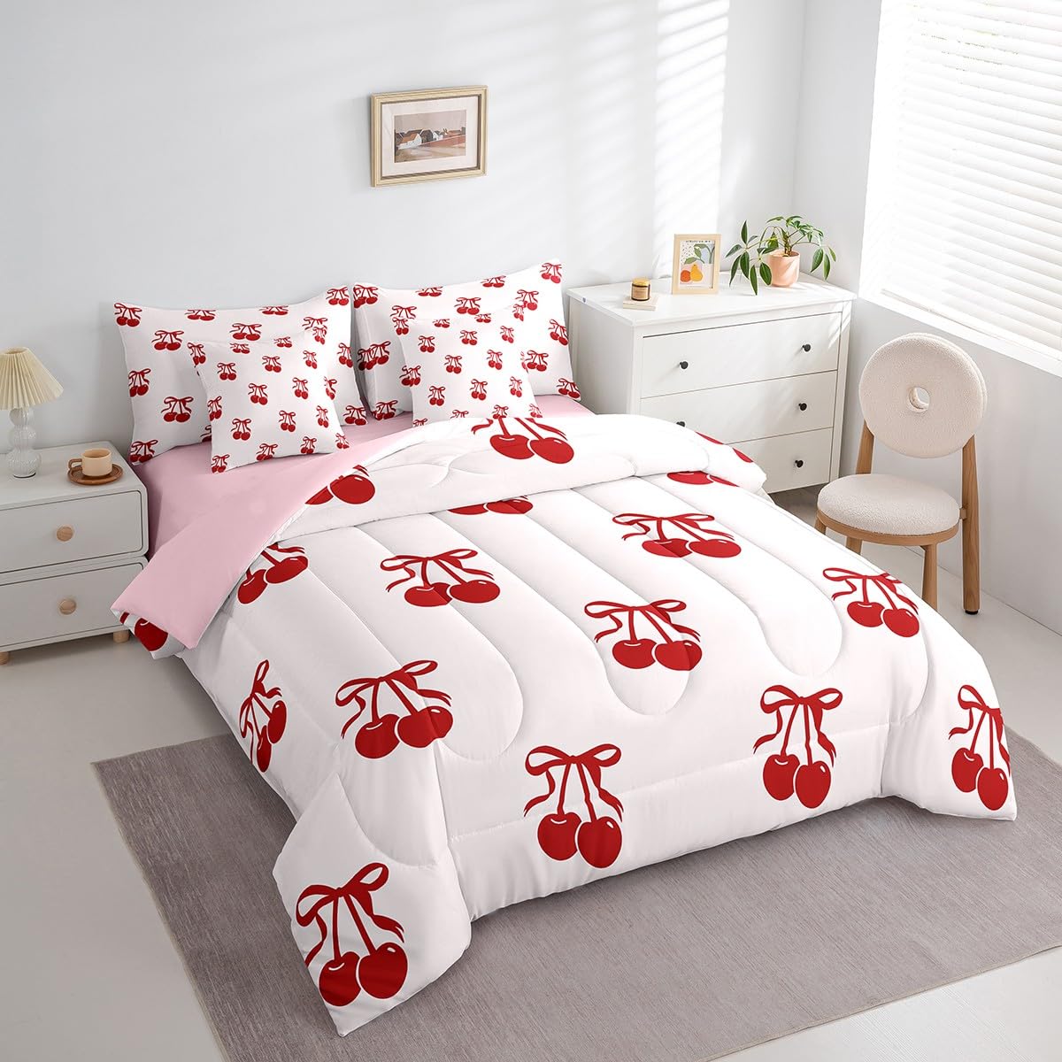 Erosebridal 7 Piece Cherry Bows Kids Comforter Set King Bed in a Bag,Dreamy Princess Style Bedding Set for Girls Women,Girly Red Cherries Bowknot Sheet Set,Cartoon Bow Tie Duvet Insert