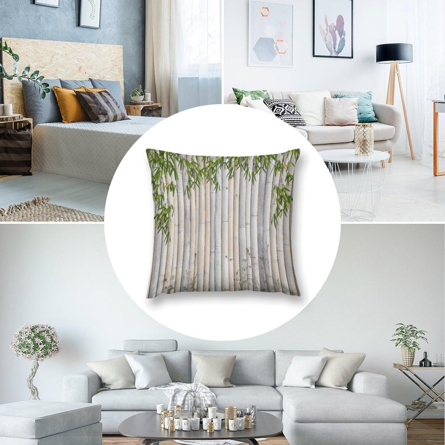 Bamboo Pillow Covers Set of 2,Japanese Asian Plant Nature Beige Brown Throw Pillow Covers 16x16 Inches Cotton Square Pillow Cover Set for Couch Bed Living Room Outdoor 16 "x16
