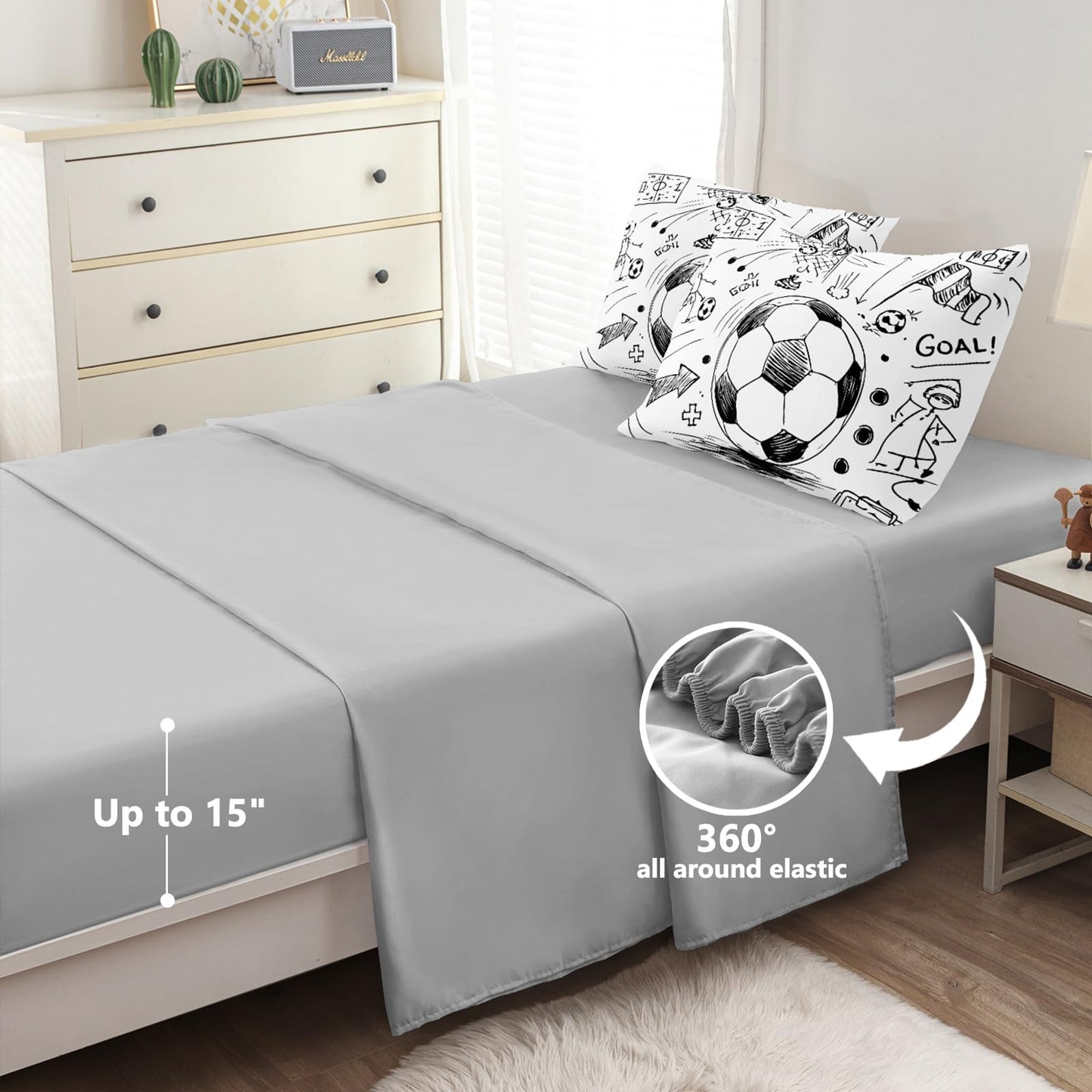 HICAND 5 Pcs Soccer Full Bedding Set for Boys Teens, Full Size Sports Sketch Style Soccer Boys Comforter Set with Sheets