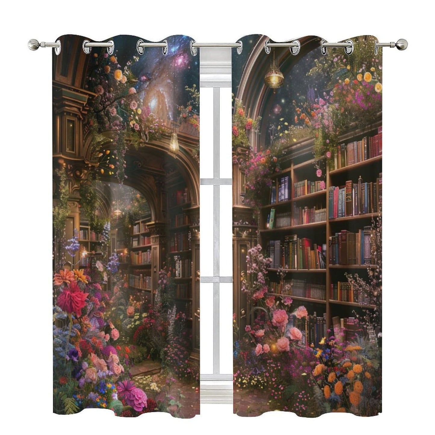 HDESDIS Floral Bookshelf Blackout Curtains for Bedroom Living Room, Colorful Star Galaxy Library Thermal Insulated Curtains Window Drapes with Grommet, 21W x 45L, 2 Panels