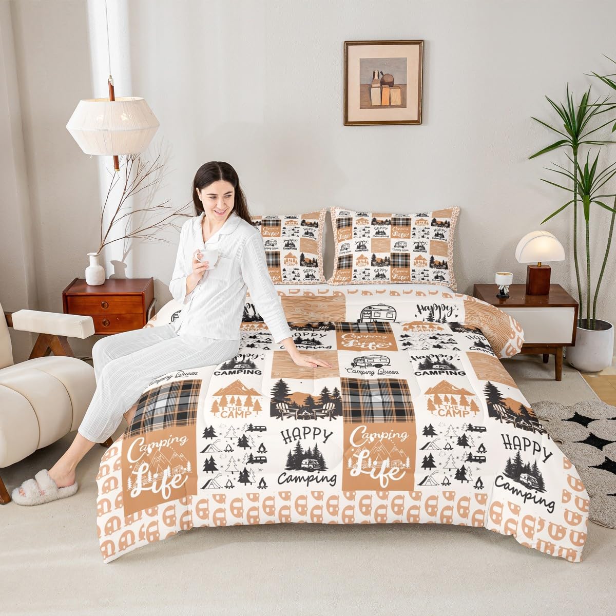 Erosebridal Happy Camping Bedding Set for Kids Kawaii Camper Comforter Set, Camping Adventure Duvet Insert Orange White Patchwork Quilt Comforter, Cartoon RV Car Bedding Comforters & Sets Breathable