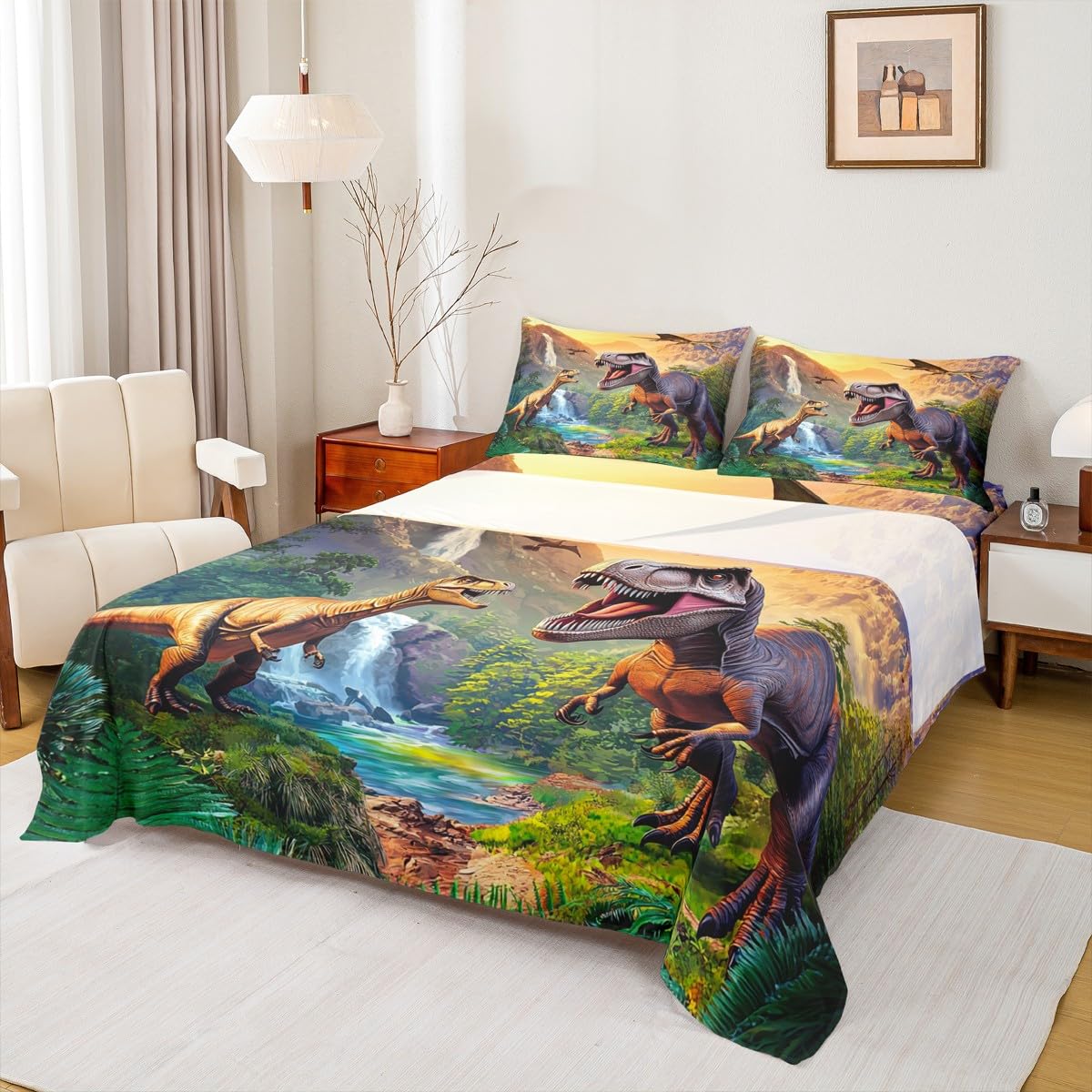 Erosebridal Kids Cartoon Dinosaur Bed Sheets King Boys Jungle Dino Sheet Set, 3D Ancient Animals Fitted Sheet, Child Flat Sheet, Dinosaur Room Decor, 2 Pillow Cases