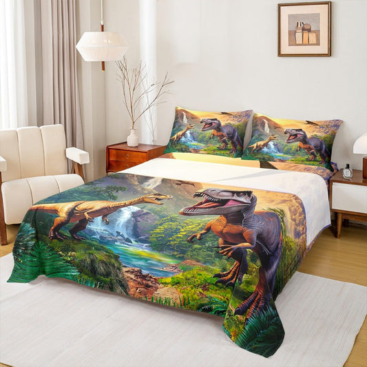 Erosebridal Kids Cartoon Dinosaur Bed Sheets King Boys Jungle Dino Sheet Set, 3D Ancient Animals Fitted Sheet, Child Flat Sheet, Dinosaur Room Decor, 2 Pillow Cases