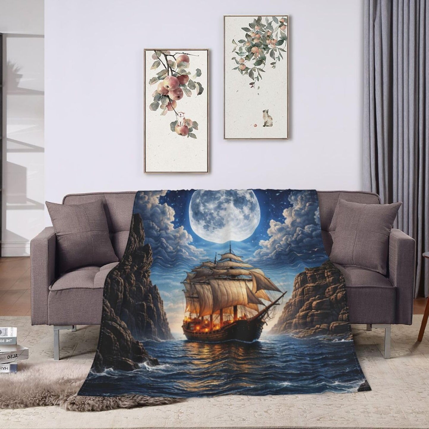 Qycazzw Moolit Sailing Ship Blanket Gifts for Women Kids, Ocean Lovers Flannel Blankets, Warm Cozy Soft Throw for Bedroom, Camping, Couch, Decor 50x60 in