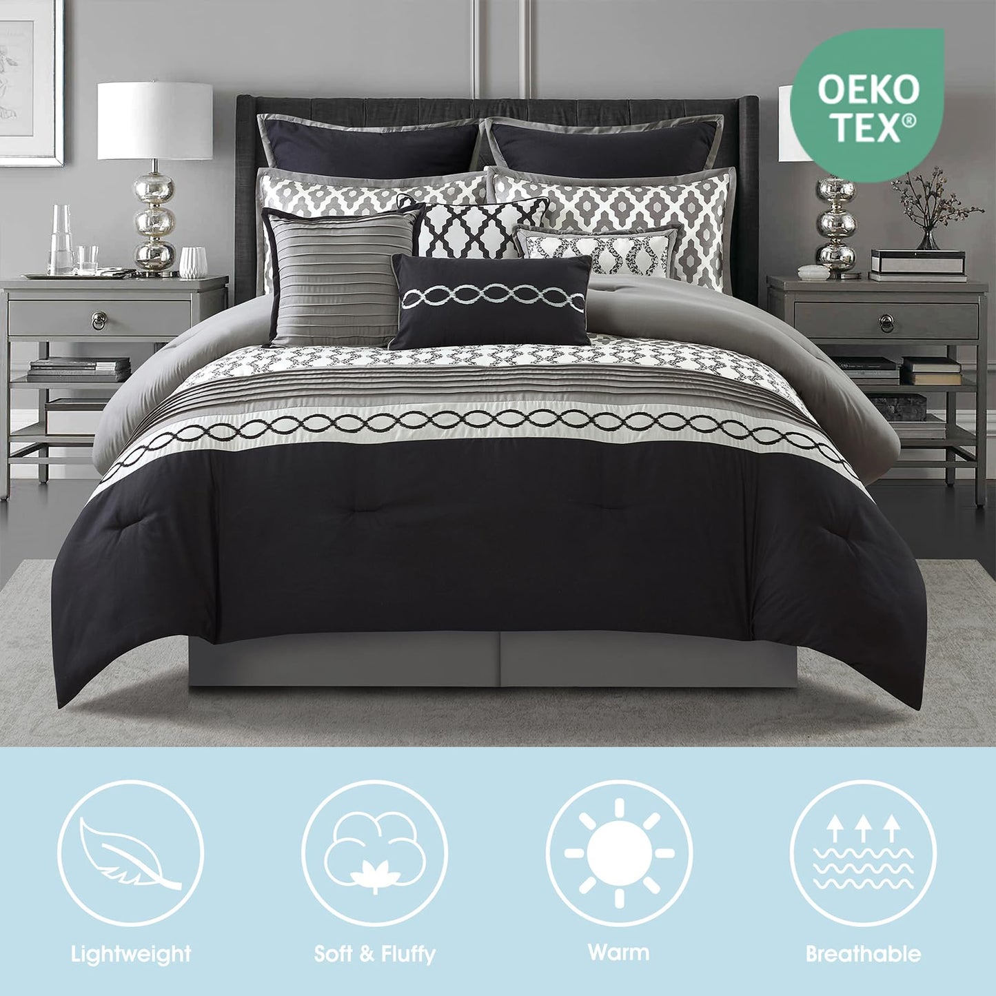LANCO MODERN LIFESTYLE Queen Comforter Set, Black, 10 Piece Bed in a Bag for All Seasons, Luxury Extreme Comfort Bedding Sets with Bedskirt, Pillow Shams, Euro Shams and Decor Pillows