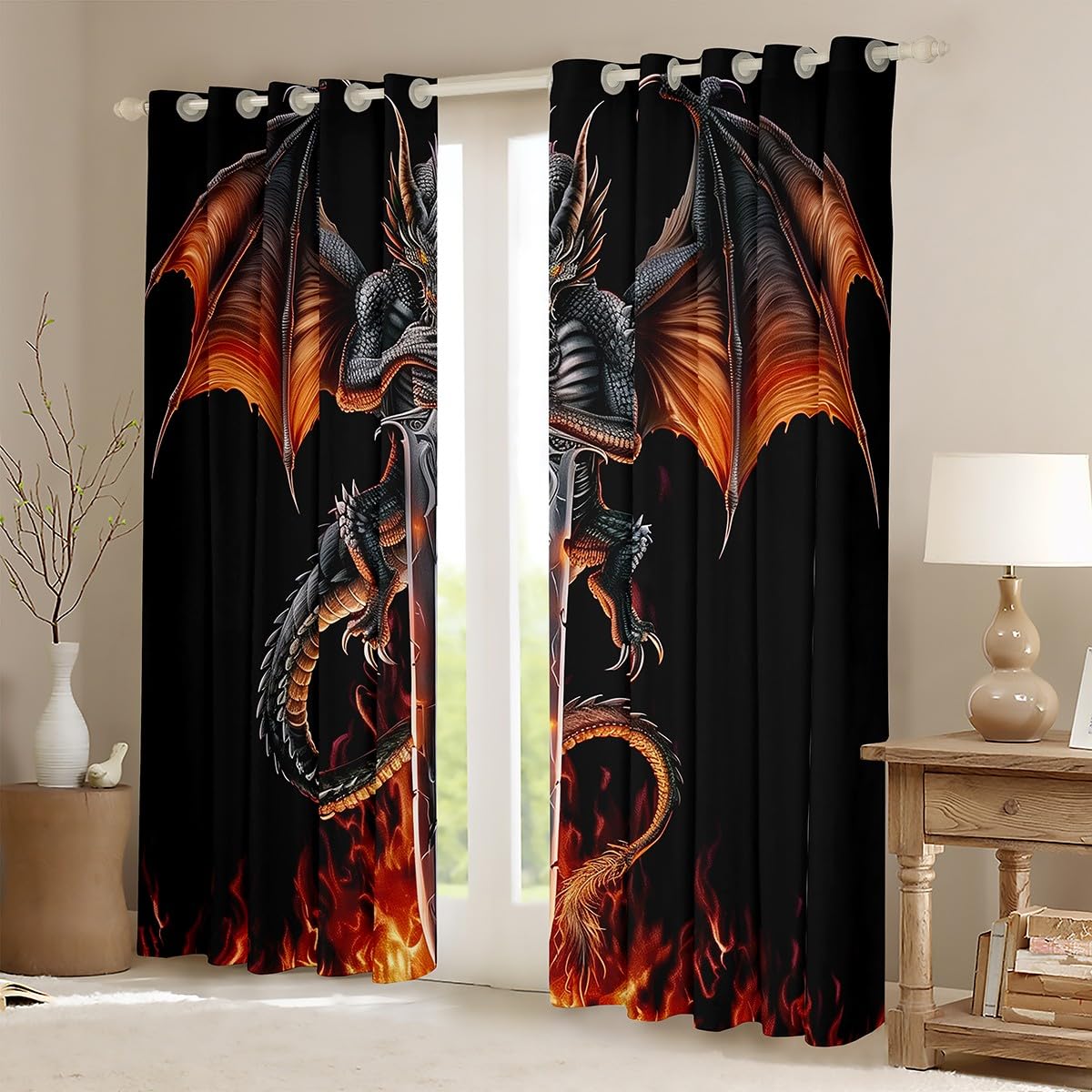 Feelyou Medieval Dragon Blackout Curtains (2 Panels, 42 x 63 Inch) Sword Fire Pattern Darkening Drapes Ancient Wildlife Curtains for Bedroom Living Room