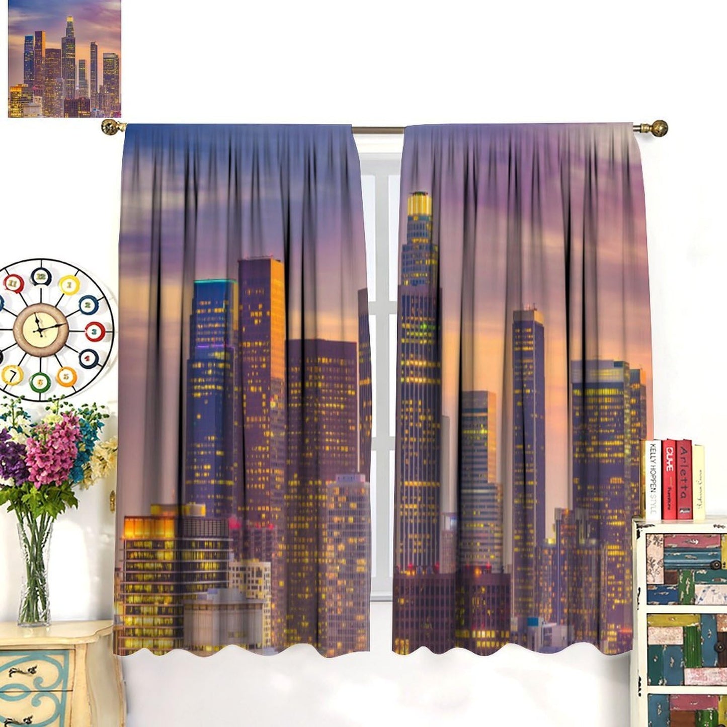 JADERYS Cityscape Curtains City Building Skyline Dreamy Purple Sky Sunset View Art Print for Bedroom Living Room Kitchen Blackout Rod Pocket Decoration Window Drapes 2 Panels W21xL45in