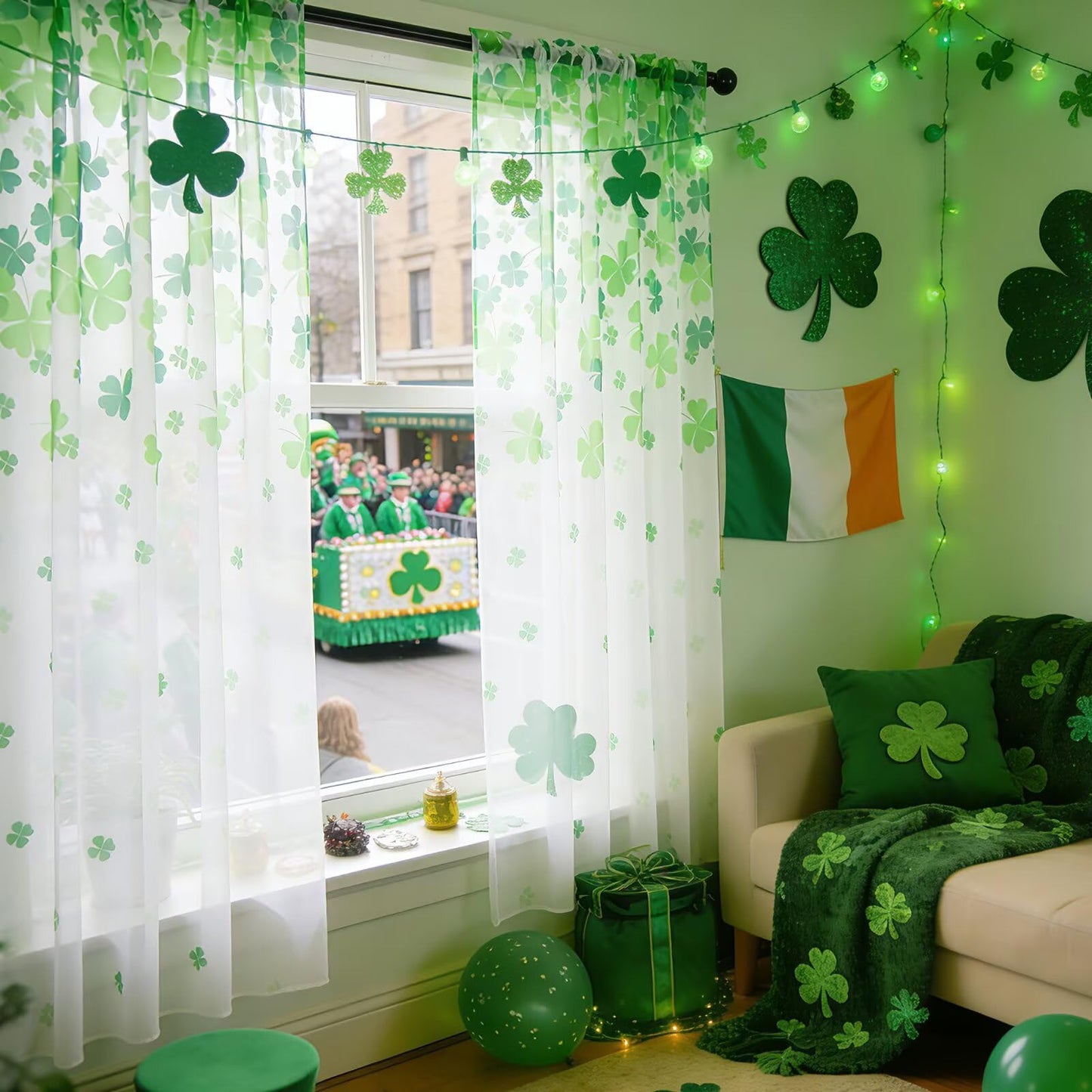 youleyar St. Patrick's Day Sheer Curtains 84 Inches Long, 2 Panels Shamrock Clover Printed Pattern Curtain, Rod Pocket Drapes for Bedroom and Home Decor, 52" W x 84" L