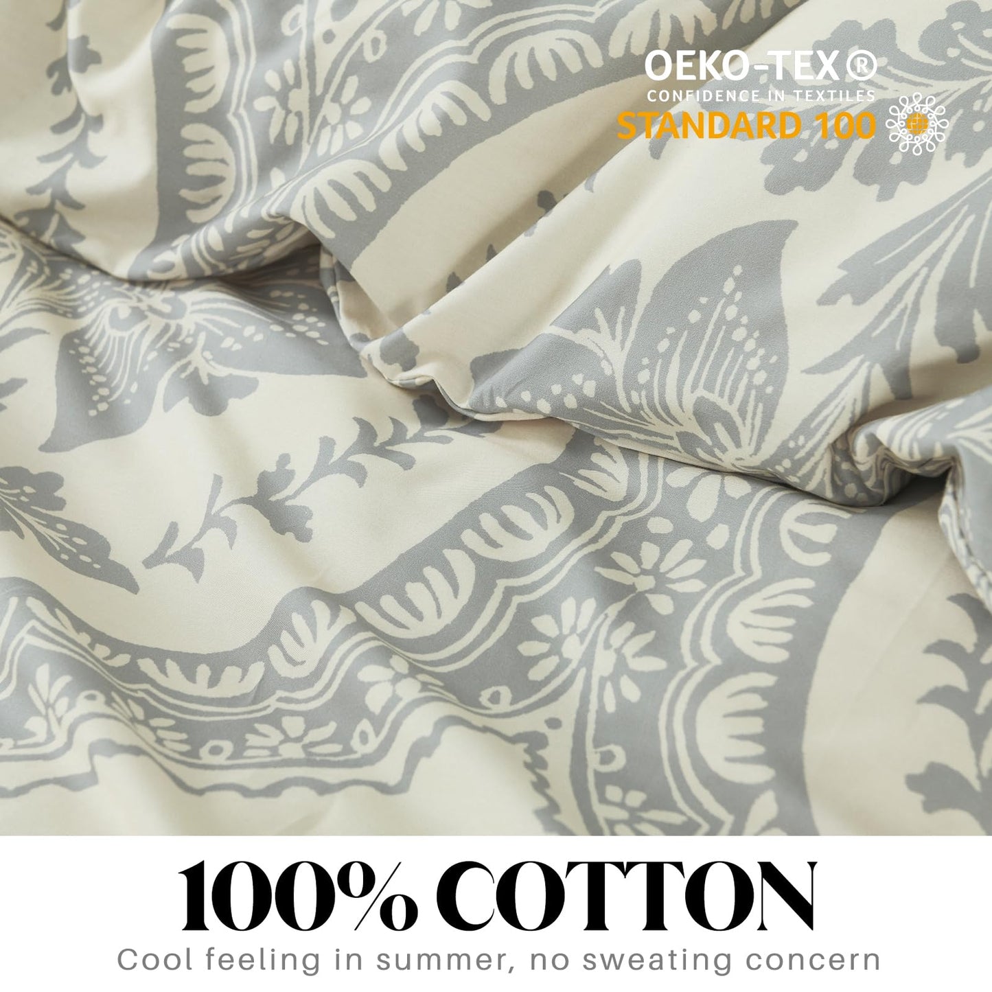 CozyDH Cotton Duvet Cover King - 100% Cotton 400 Thread Count Beige Duvet Cover Set King Size, Soft and Breathable Floral Damask Paisley King Bedding Set for All Season (King, 104"x90", NO Comforter)