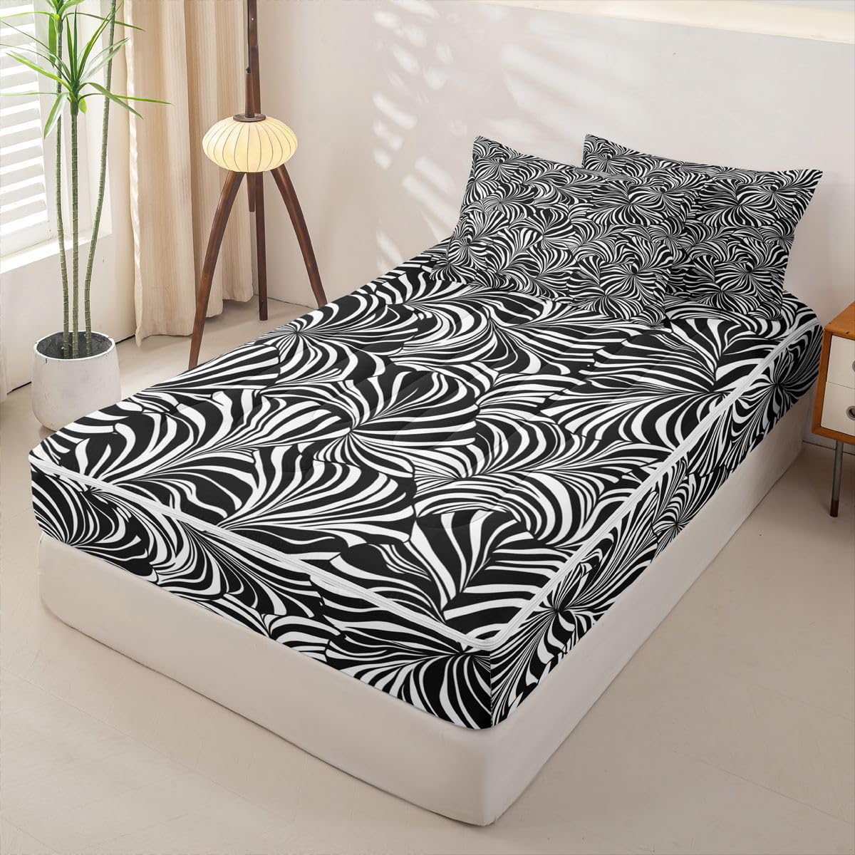 Erosebridal Striped Art Zipper Bedding Abstract Geometric Full Zip Up Comforter Set for Teens Adults White Black Swirl Lines Sheets and Pillowcases Aesthetic Geometric Bedroom Decor