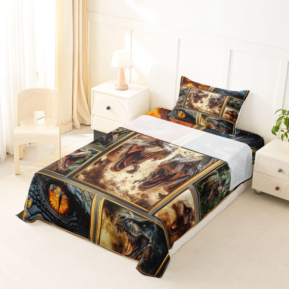 Feelyou Dinosaur Bed Sheets Sets Twin Size Kids Boys Girls 3D Digital Print Bedding Set Jungle Dino Bed Sheet Set with 16-Inch Deep Pockets Blue Orange White Yellow 3Pcs with 1 Pillow Cases Wildlife