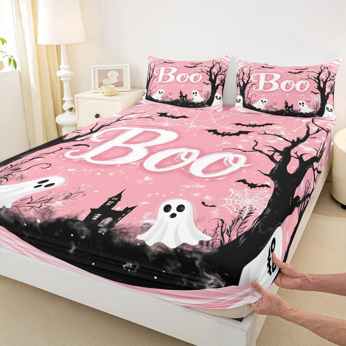 Feelyou Kids Halloween Fitted Sheet Full Size, Pink Ghost Bed Sheet Set Boys Girls Horror Decor Bedding Set Boo Teens Bedroom Decor 3Pcs (No TOP Sheet)