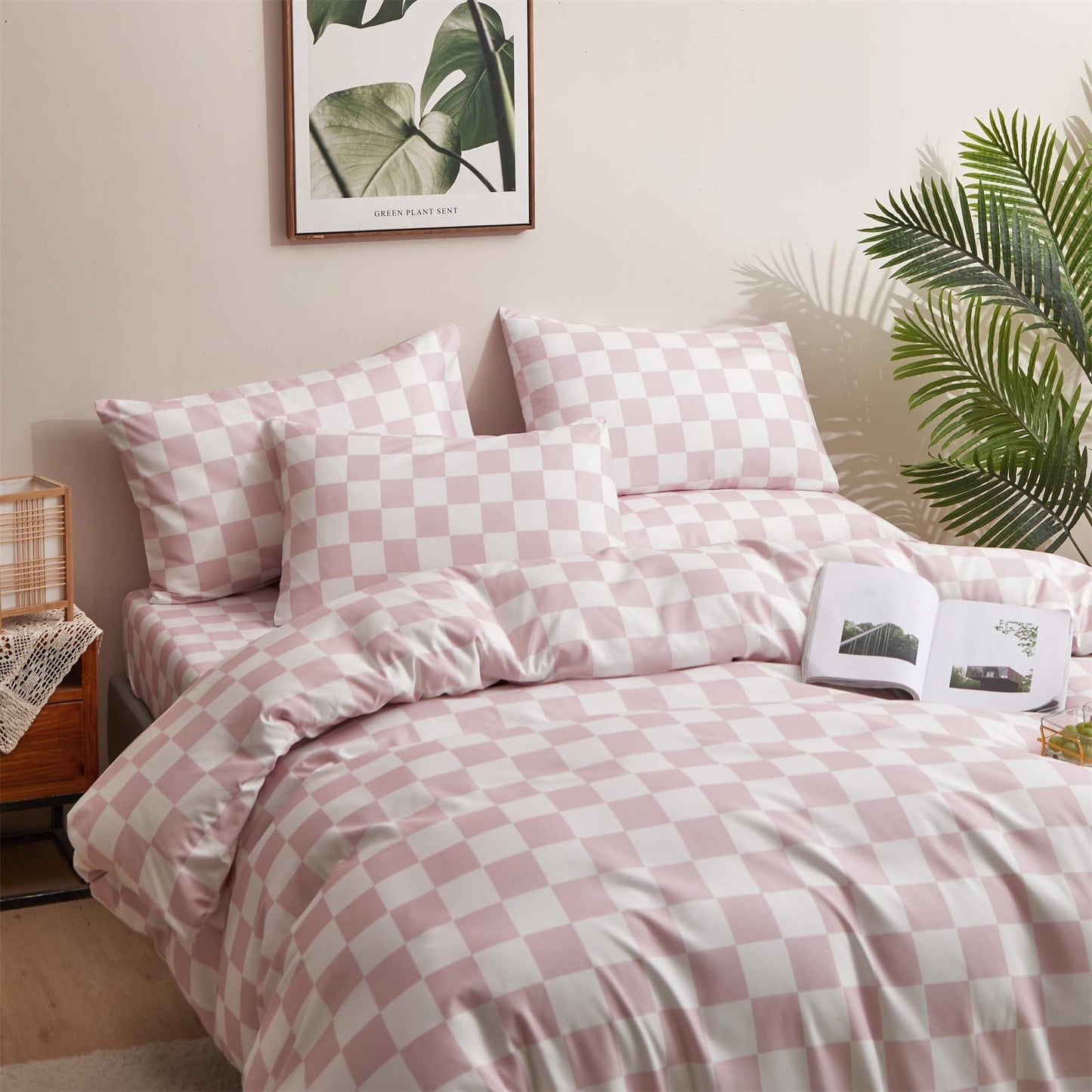 CLOTHKNOW Pink White Grid Queen Duvet Cover Set Plaid Bedding Sets Checkerboard Bedding Duvet Cover Sets Soft Pink Duvet Cover with 2 x Pillow Cases
