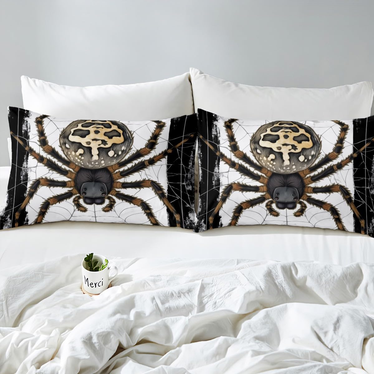 Feelyou Halloween Themed Bedding Set Queen Size Kids Spider Print Comforter Cover Set for Boys Girls Teens Animal Print Duvet Cover Spider Web Bedspread Cover（No Comforter