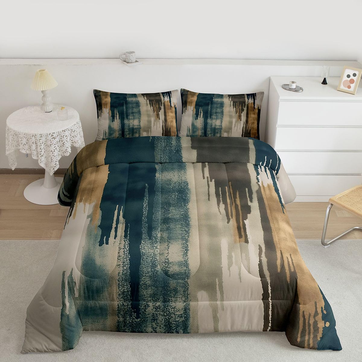 jejeloiu Blue Brown Abstract Kids Comforter Set Queen Size Modern Art Bedding Set Splash Ink Abstract Duvet Quilt for Kids Boys Girls Bedroom Luxury Decor Microfiber Ultra Soft Breathable