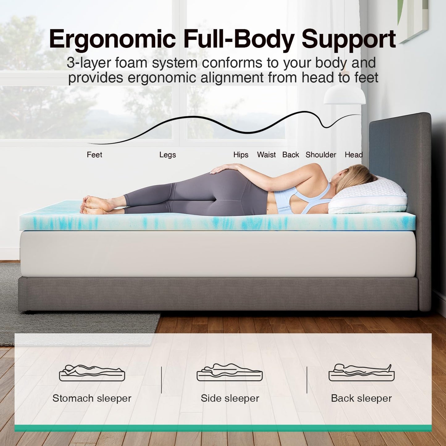 Novilla Twin Memory Foam Mattress Topper 2 Inch, Cooling Gel Infused, Ventilated Pressure Relief Pad, Soft Comfort for Sofa, RV, Camper, Dorm Room