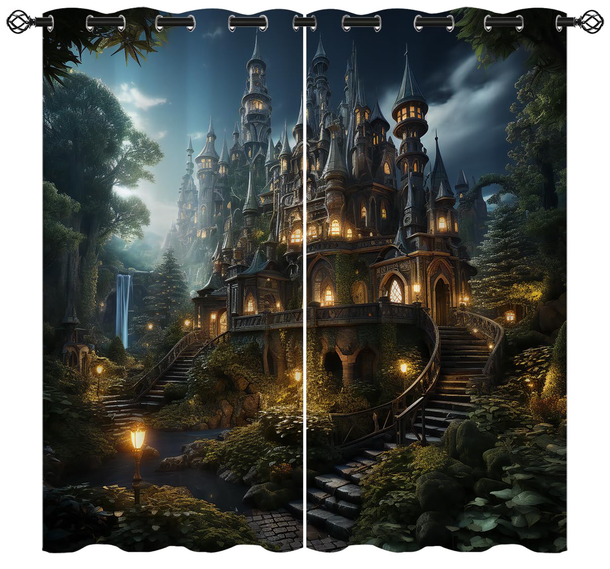 ONINUO Enchanted Castle Blackout Curtains for Girls Boy Home Decor, Magic Forest Fantasy Nature Grommet Thermal Insulated Drapes Darkening Window Curtain for Bedroom Living Room, 42 x 45 Inch