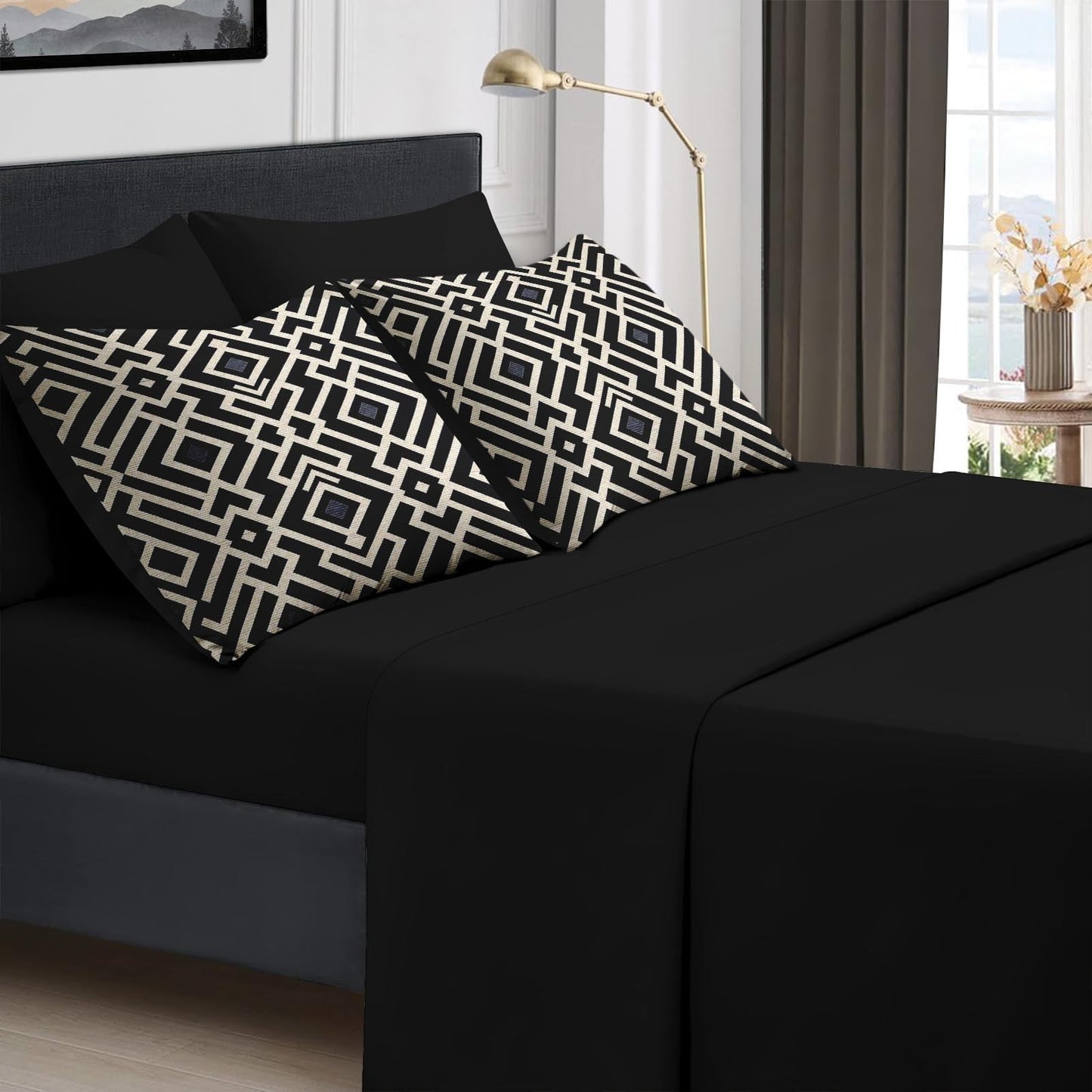 Boewywh Comforter Set Twin Size Geometric Aztec Boho 7 Pcs, Bedding for Kids and Adults, Black Beige Bed Sheet Sets with Fitted Sheet 2 Pillowcases & 2 Shams for Bedroom Bed Decor