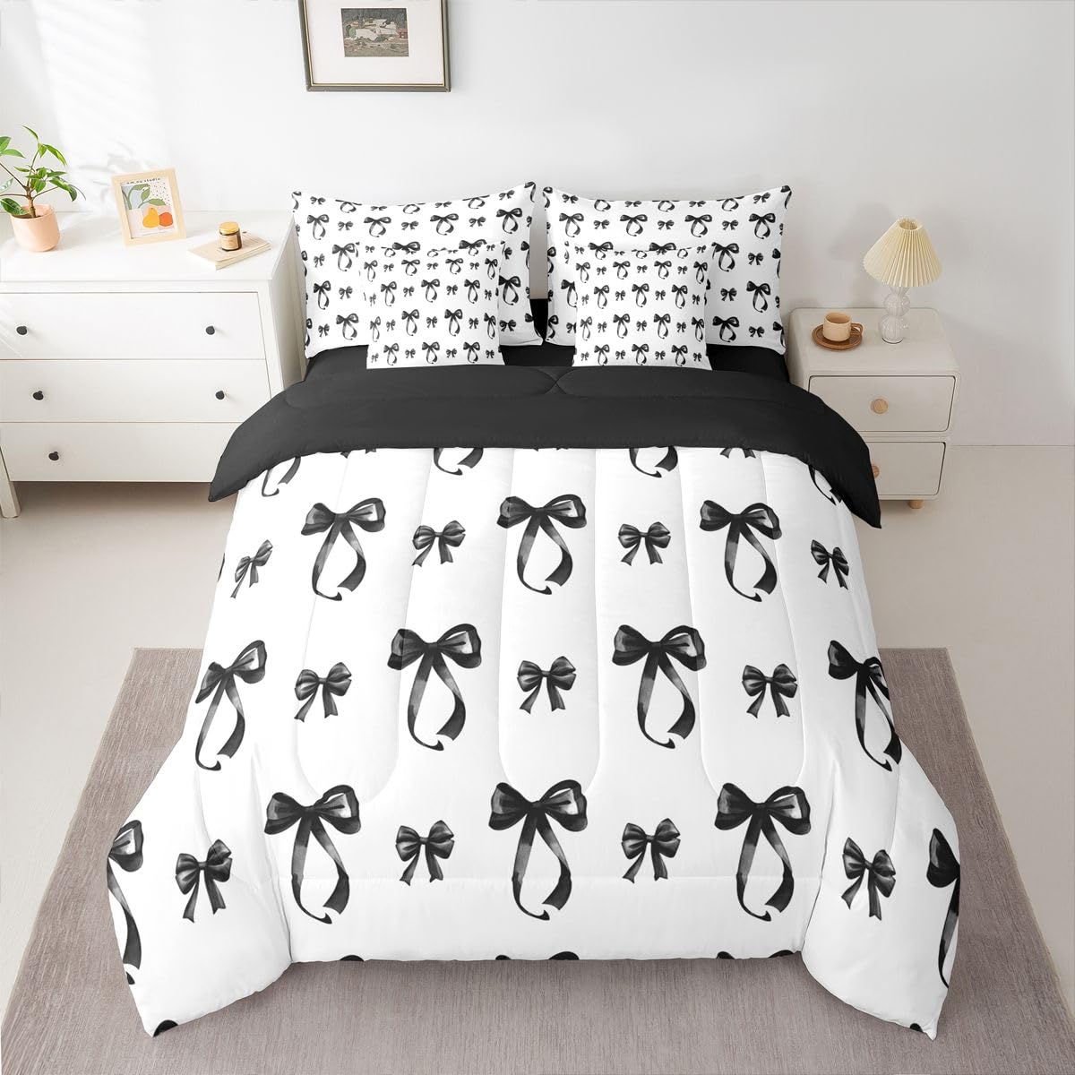 Erosebridal Bow 7 Pcs Bedding Set Full Black Bow Tie Comforter Set with Sheets Bowknot Bed in A Bag Black White Simple Decor Bedroom Decor