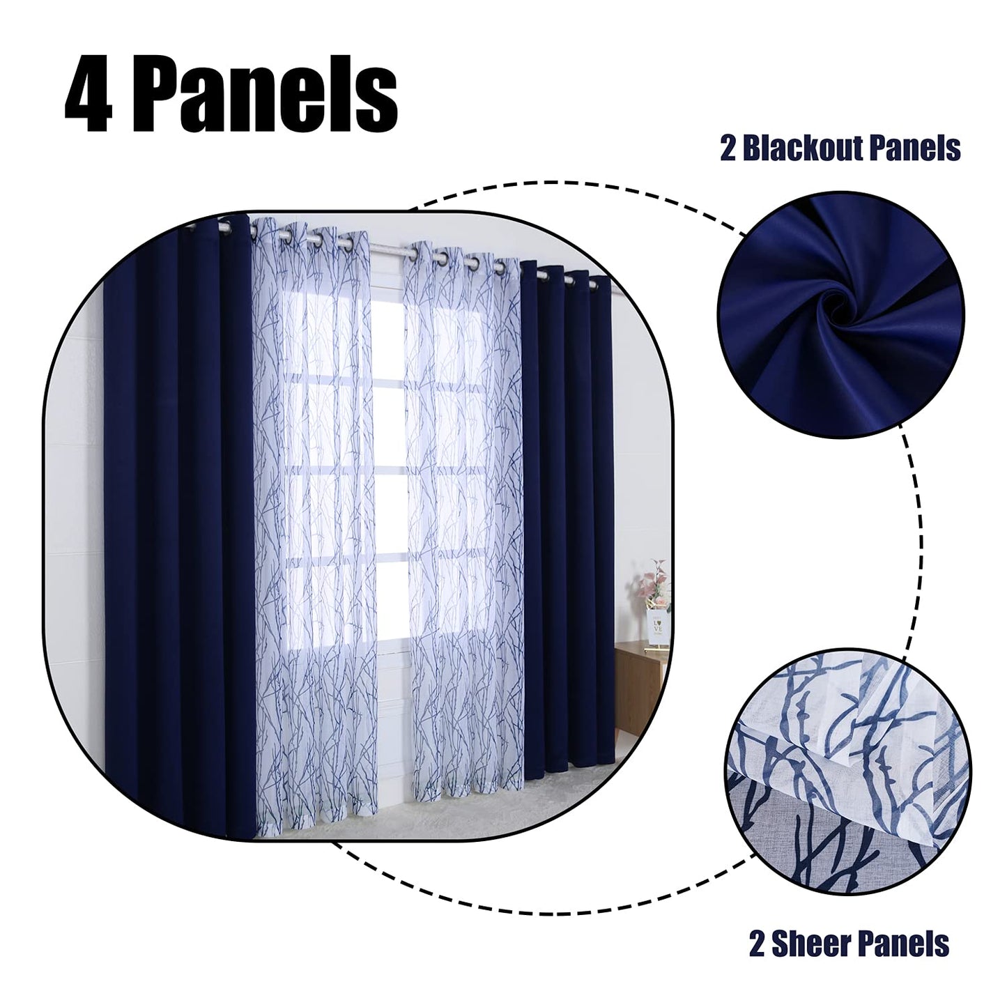 BONZER Mix and Match Curtains - 2 Pieces Branch Print Sheer Curtains and 2 Pieces Blackout Curtains for Bedroom Living Room Grommet Window Drapes, 54x108 Inch/Panel, Indigo, Set of 4 Panels