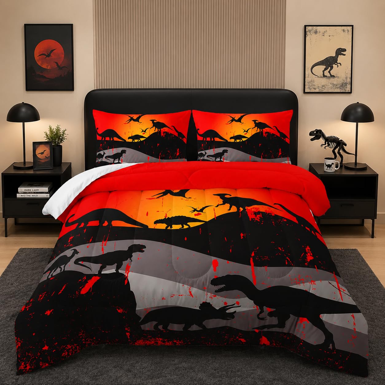 XYNHML Cartoon Dinosaur Comforter Set Twin 3Pc Kawaii Dinosaur Bedding Set All Season with Tree, Leaf Decoration Includes 1 Comforter, 2 Pillowcases for Kids Girls Teens