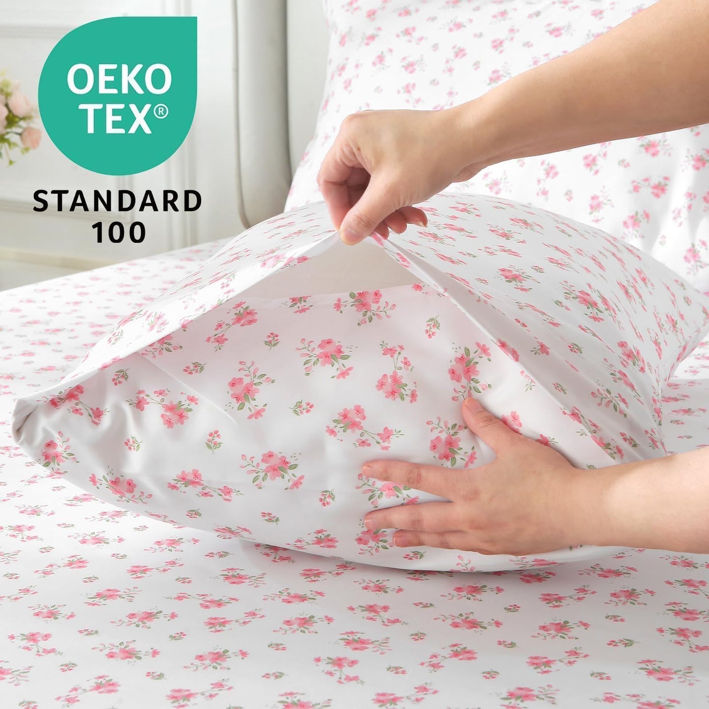 MUXHOMO King Size 4 Piece Sheet Set, Soft Breathable Bed Sheet Set for Bedroom with Deep Pocket Up to 16", Wrinkle-Free & Cooling Bedding for Oeko-TEX Certified - Blossoms Pink