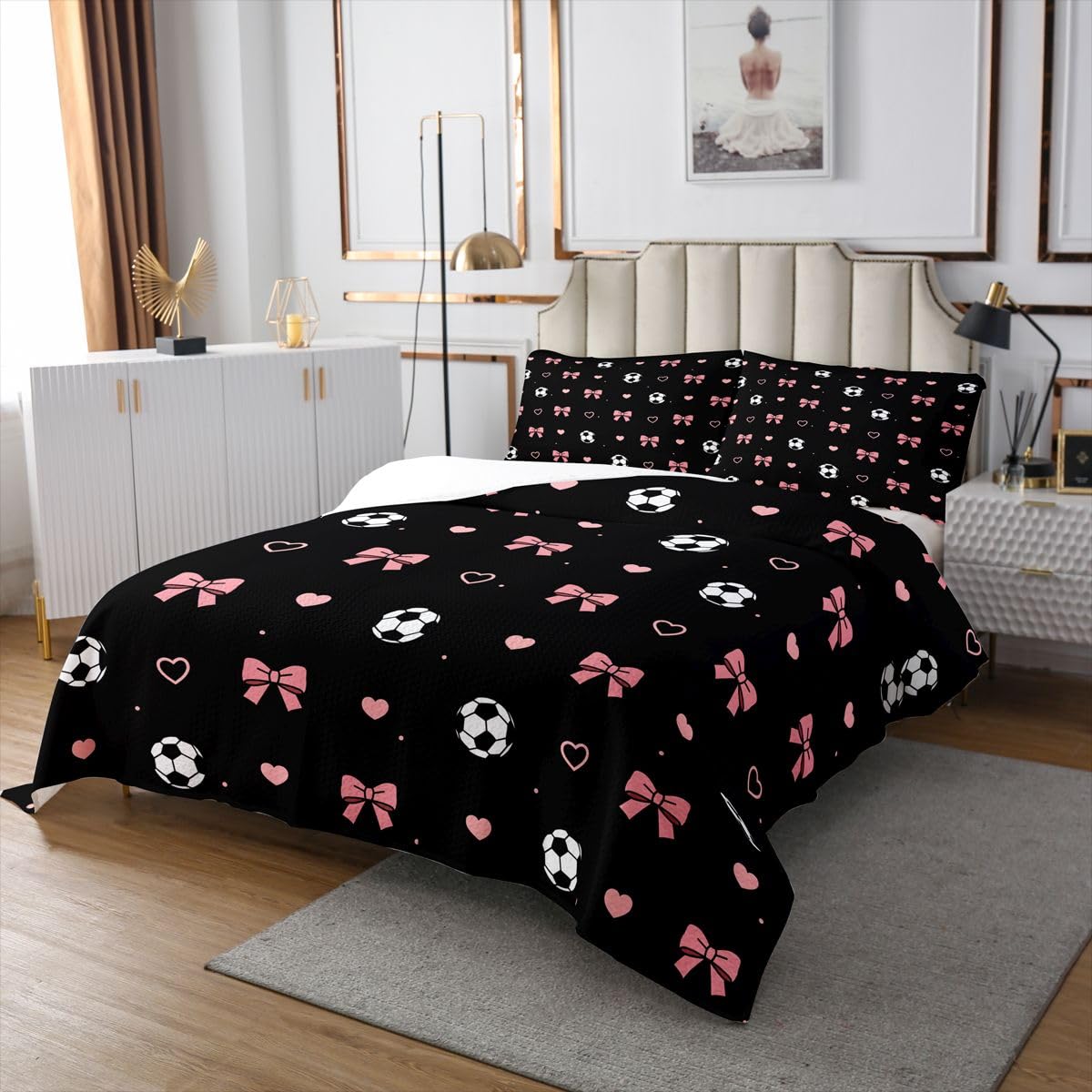 jejeloiu Bow Bedspread Queen Size Football Coverlet Set Cute Bowknot Quilted Coverlet for All Season with 2 Pillowcases Microfiber Lightweight