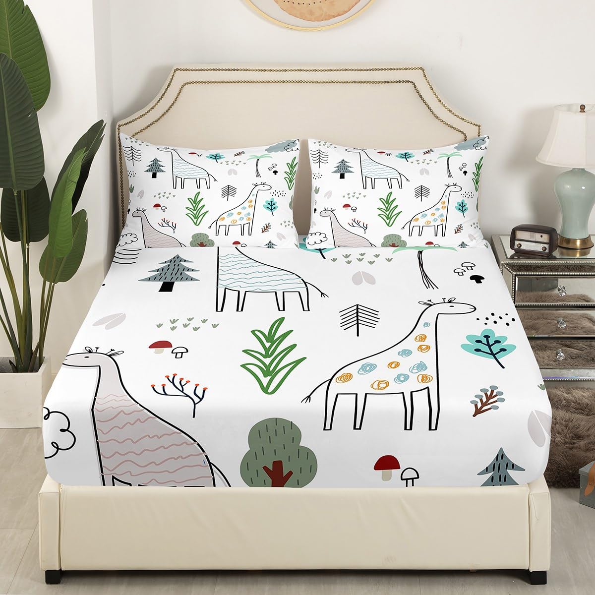 Cartoon Giraffe Bed Sheet Set Twin Size,Hand Painting Giraffes Leaves Sheet Set Kids Teens,Cartoon Wild Animals Bedding Decor Set with 1 Flat & 1 Fitted Sheet with 1 Pillow Sham