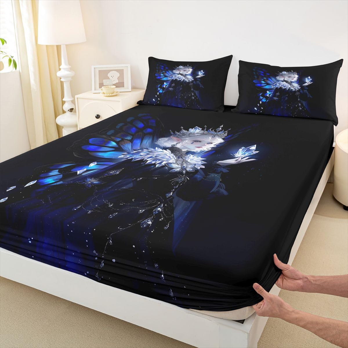 Erosebridal Gothic Girls Bed Sheets Set A Girl Wearing A Crown Sheets Twin,Butterfly Diamond Feather Print Sheet Set for Boys Girls Coquette Princess Bedding Sets Bedroom Decor 3 Pieces