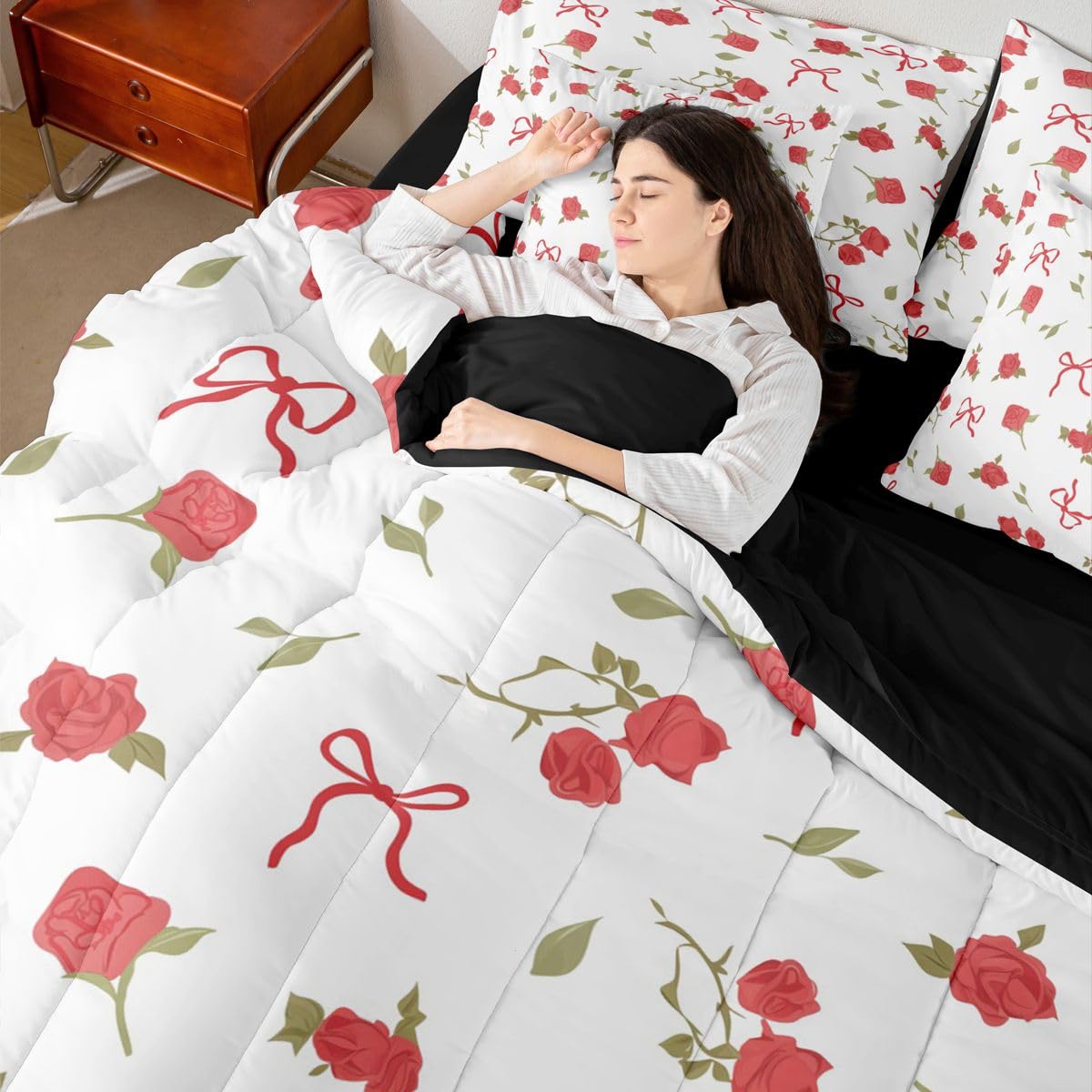 Erosebridal Kawaii Bowknot Full Comforter Set 7 Pieces,Coquette Bows Bed in A Bag,Preppy Princess Bedding Set with Comforters, Sheets, Pillowcases Fantasy Aesthetic Bedroom Decor