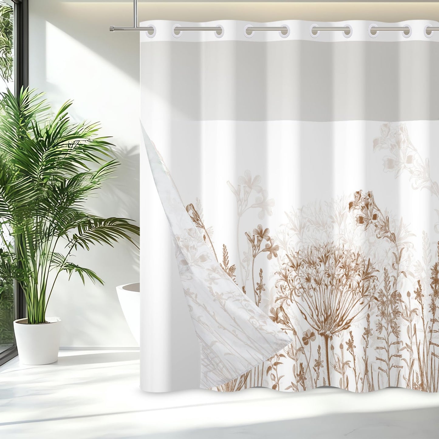 ggaimwf 71x71 Inch Without Hook Floral Shower Curtain and Liner Set Vintage Brown Flower Botanical Snap in Shower Curtains for Bathroom Special Chic Chill Bathroom Set