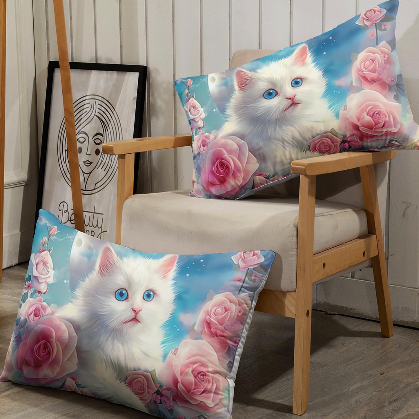 AILONEN 3D Beautiful Cat Fitted Sheet Set Twin Size, Kawaii White Kitten Bedding Set for Kids,Girls,Moon with Pink Rose Bed Sheet Set for All Season,1 Fitted Sheet + 2 Pillowcases,Breathable