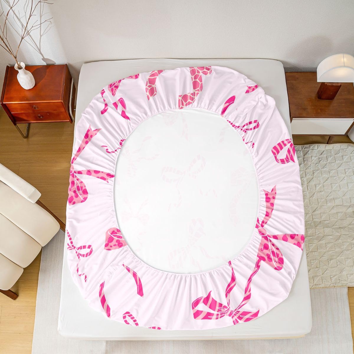 jejeloiu Pink Leopard Bow Fitted Sheet with 1 Pillowcase Twin Size Leopard Print Bowknot Bed Sheets Set 16" Deep Pocket Boys Girls Cute Ribbon Bowknot Bedding Teens Bedroom Decor Breathable