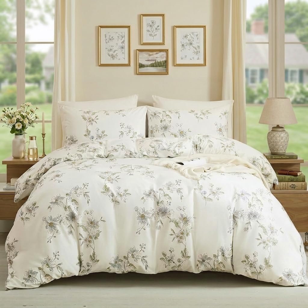 Cozaline 100% Cotton Duvet Cover Set King – Cream Fresh Watercolor Floral Bedding Set 3 Pieces, Ultra Soft Reversible Comforter Cover with Zipper Closure, Nature-Inspired Botanical Bed Set
