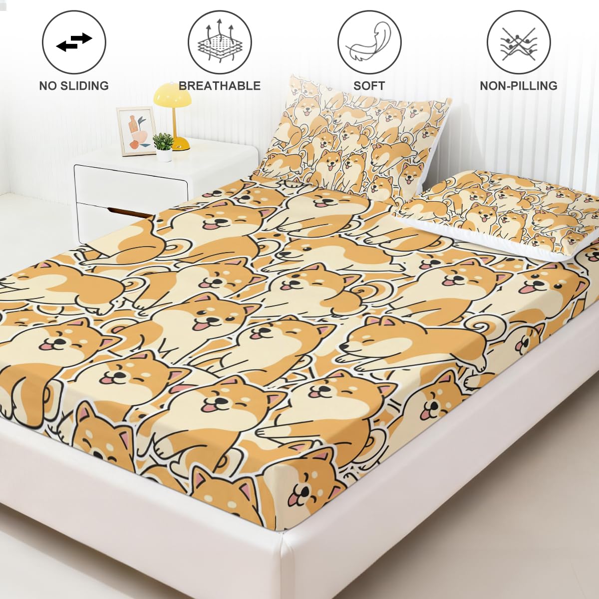 ARIGHTEX Shiba Inu Fitted Sheet Set Twin Size, 3 Pieces Cute Dog Pattern Microfiber Bedding for Pet Lovers Bedroom Decor, Soft Breathable Deep Pocket Bed Sheet Set